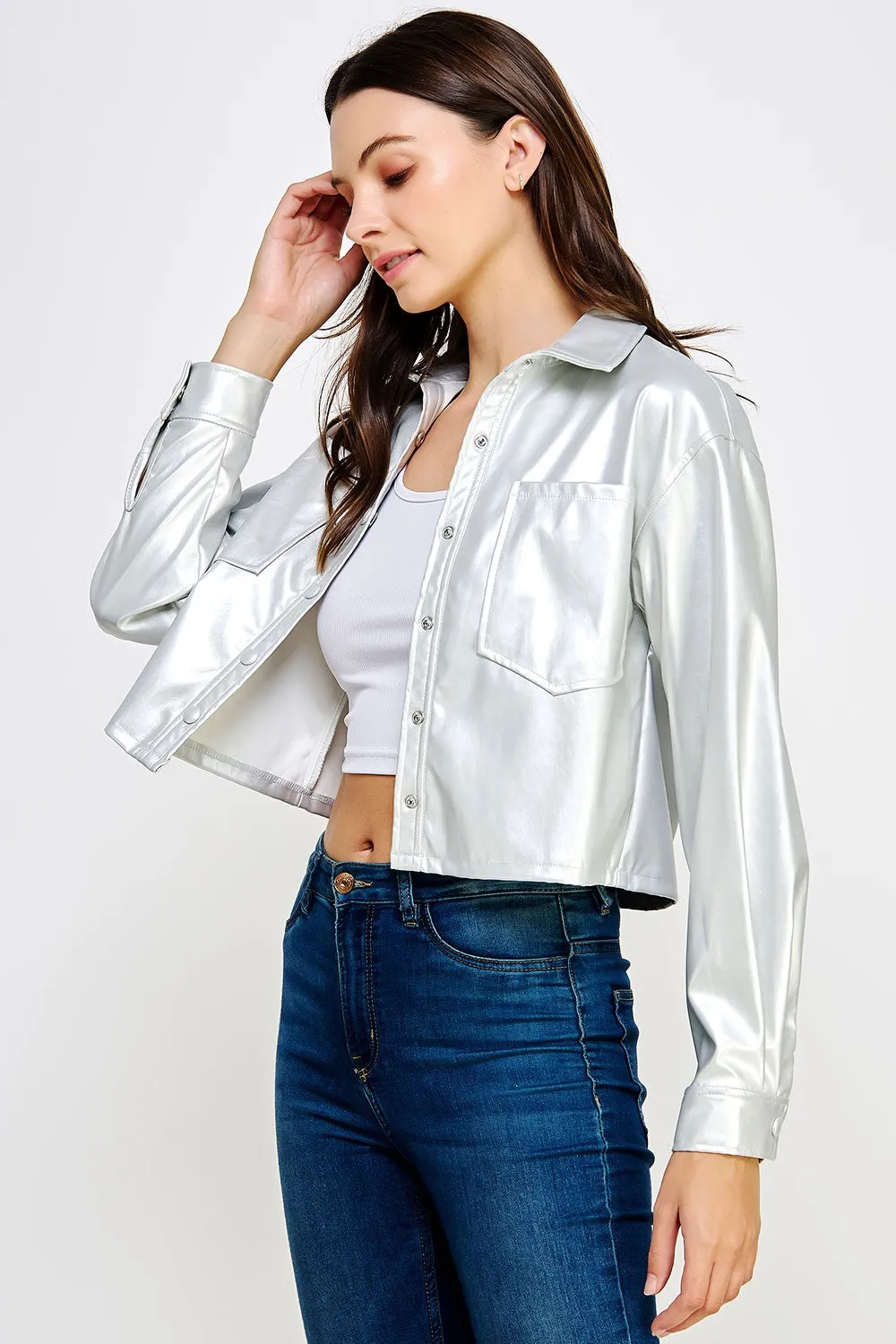 Ice Silver Cropped Faux Leather Shacket