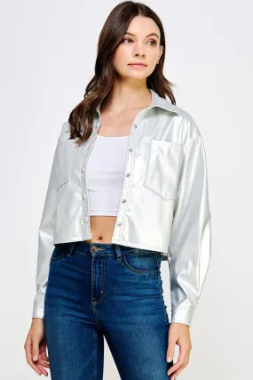 Ice Silver Cropped Faux Leather Shacket