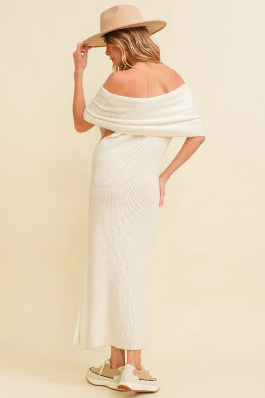 Ivory Off Shoulder Midi Sweater Dress