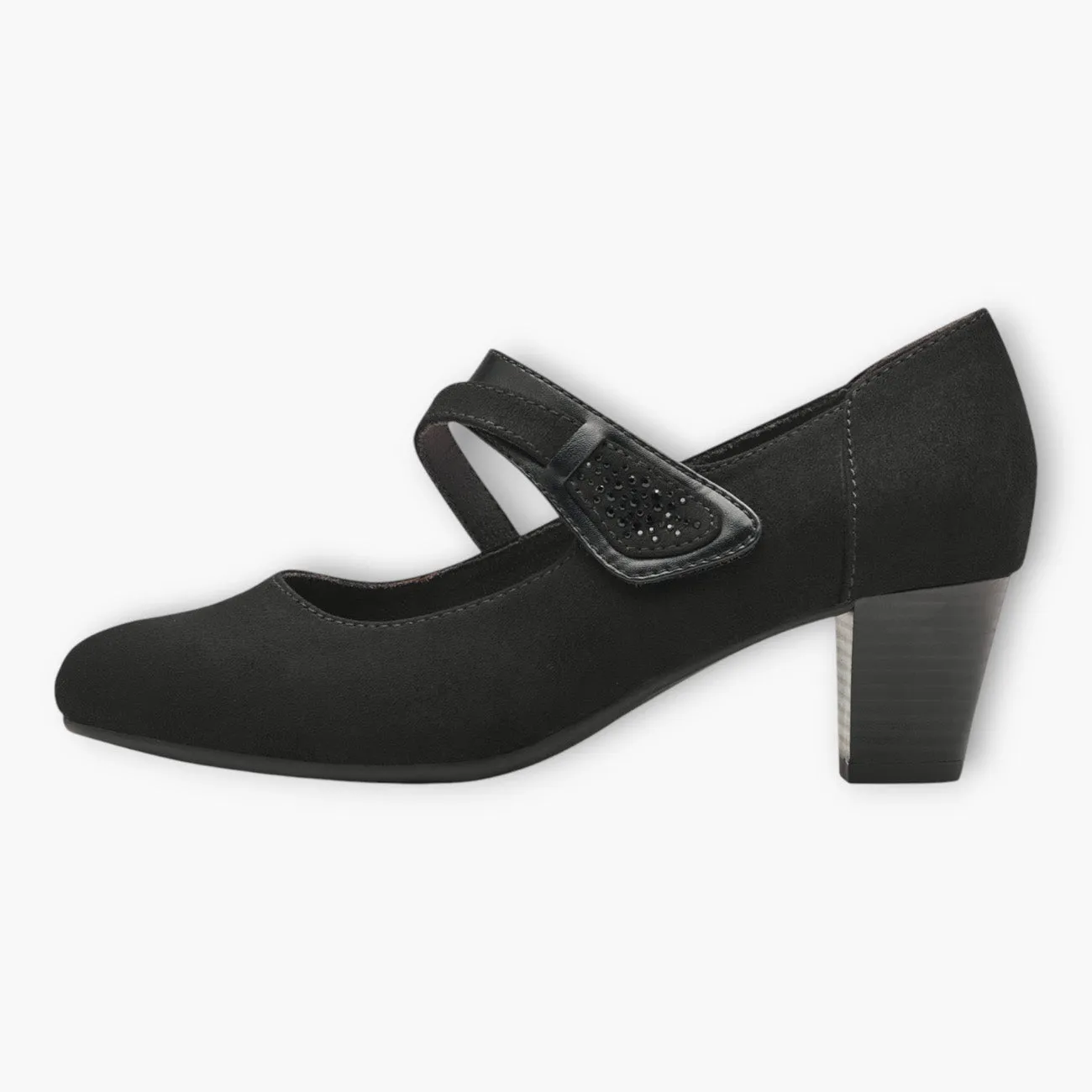 Jana Black Faux Suede Court Shoe with Velcro Strap and Diamante Detail