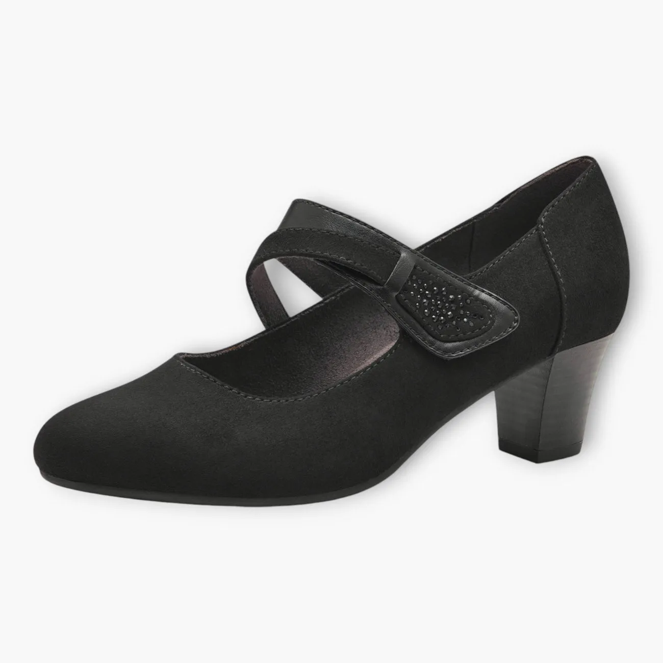 Jana Black Faux Suede Court Shoe with Velcro Strap and Diamante Detail