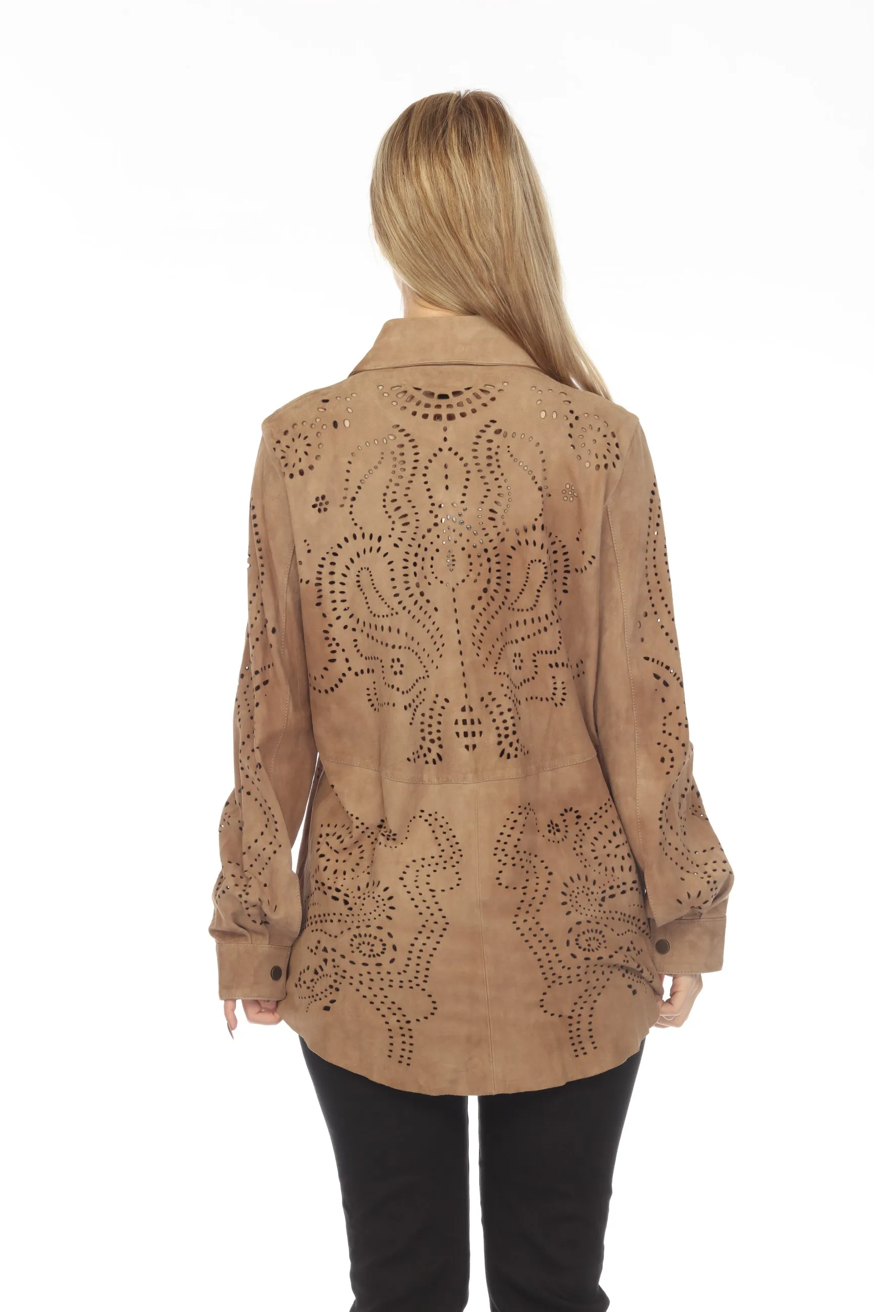 Johnny Was Beige Prezioso Laser Cut Suede Shirt Shacket Boho Chic R45722