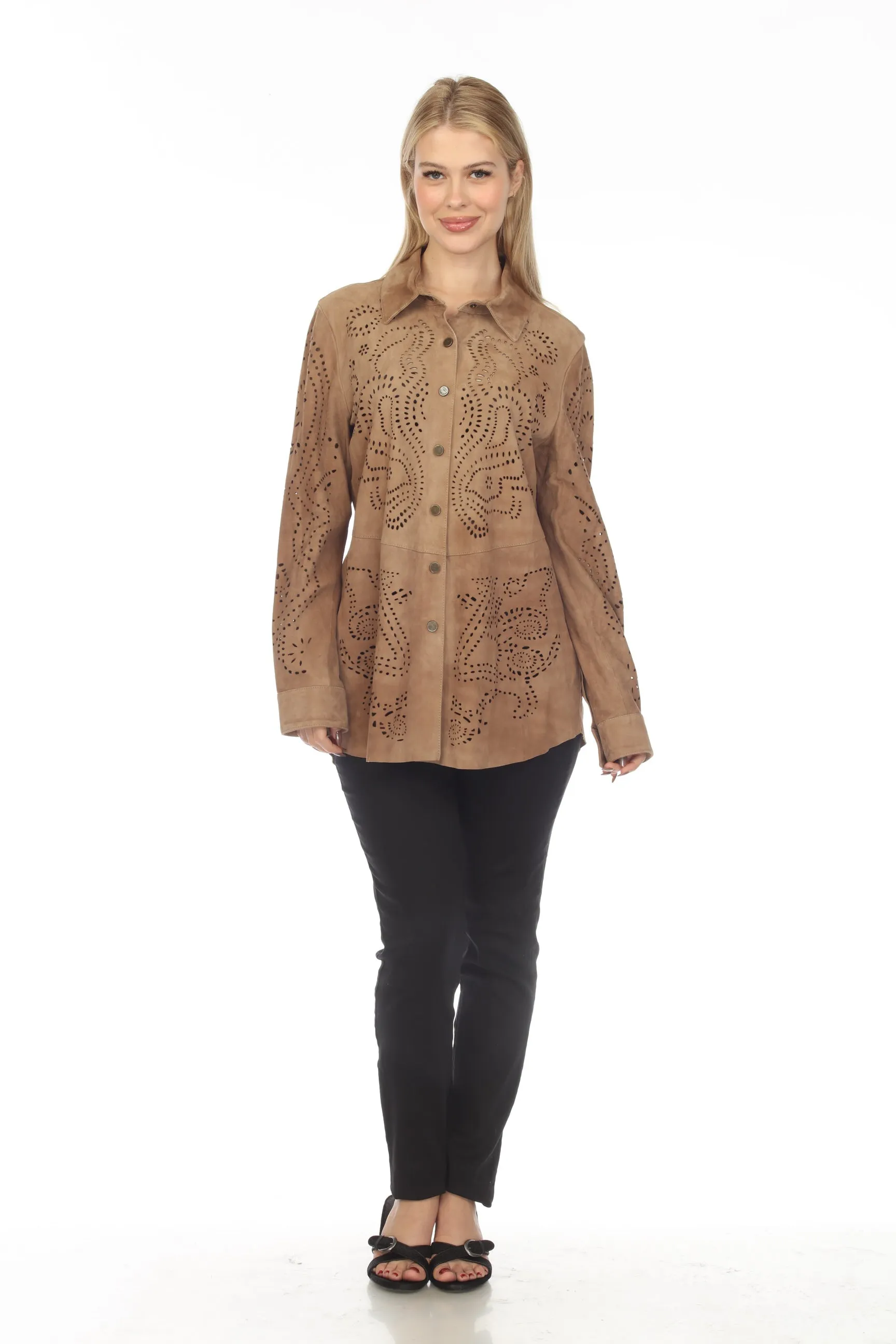 Johnny Was Beige Prezioso Laser Cut Suede Shirt Shacket Boho Chic R45722