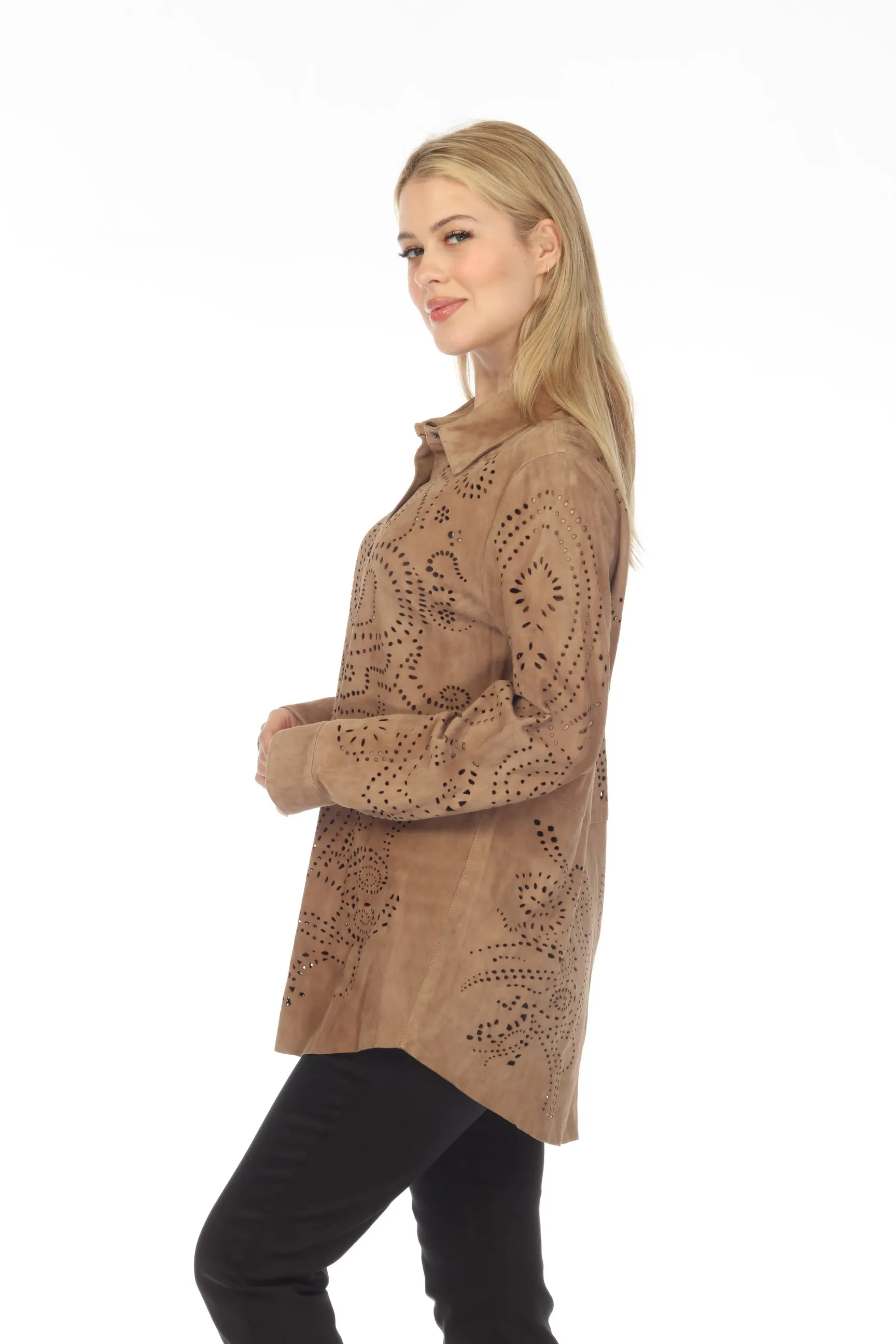 Johnny Was Beige Prezioso Laser Cut Suede Shirt Shacket Boho Chic R45722