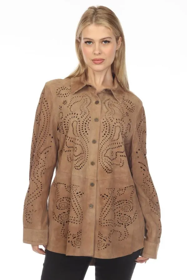 Johnny Was Beige Prezioso Laser Cut Suede Shirt Shacket Boho Chic R45722