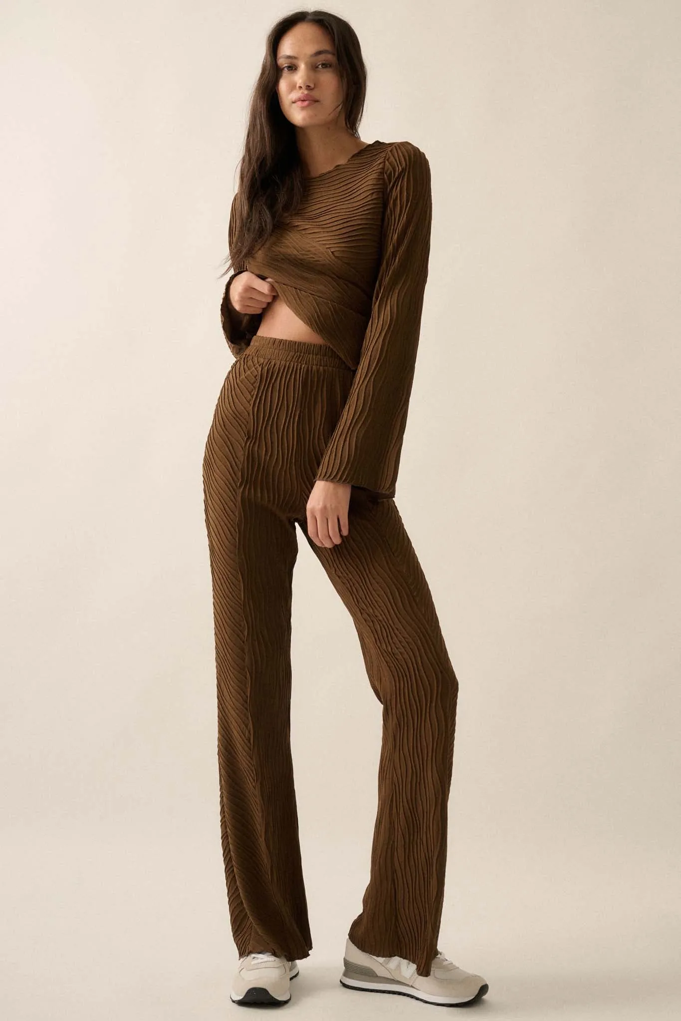 Just Flow With It Wavy Ribbed-Knit Flare Pants