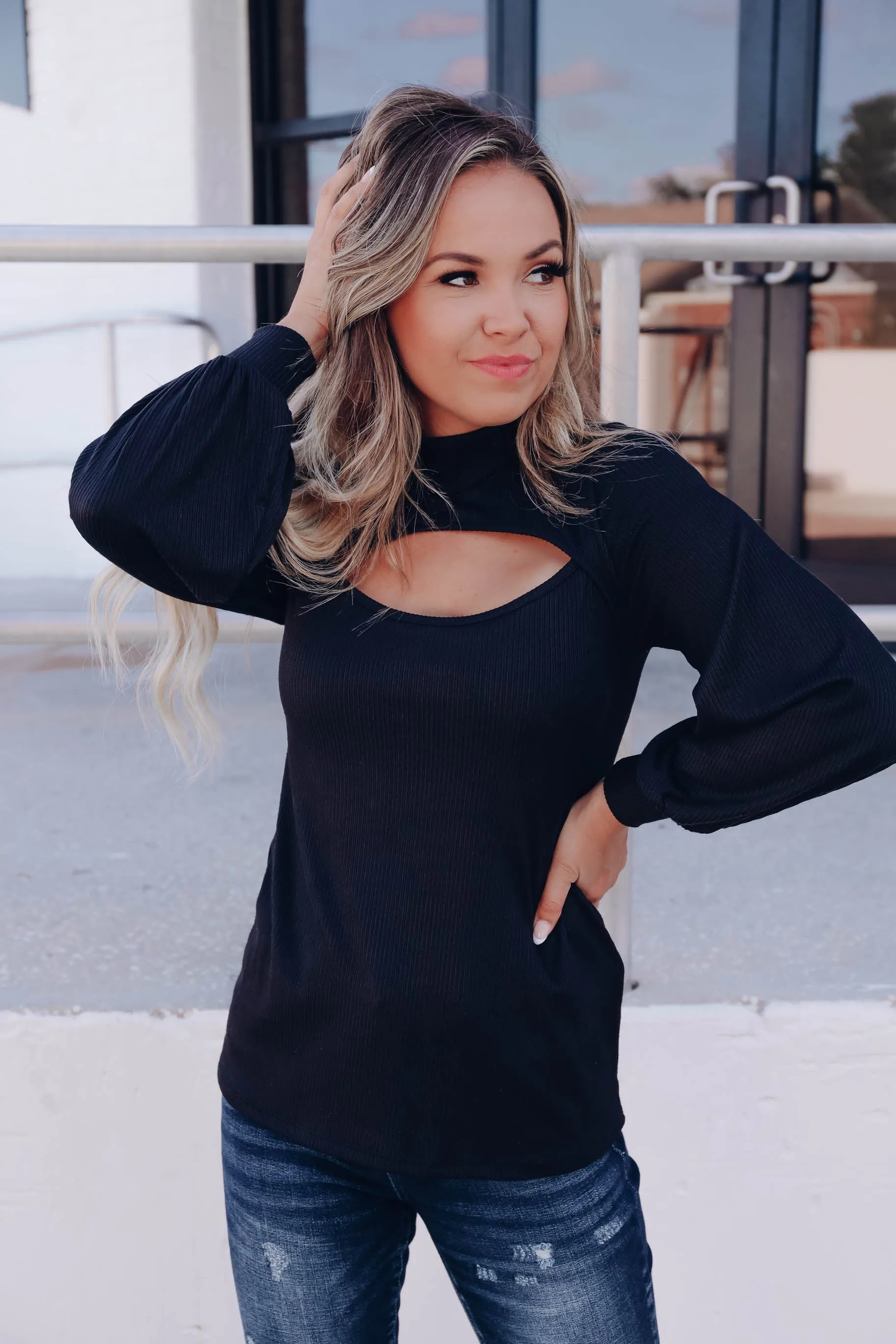 Kat Cutout Mock Neck Top - Black