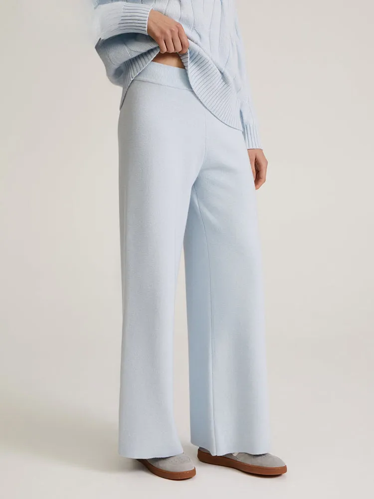 Knitted Winter High Waist Warm Straight Solid Light Blue Basic Wide Leg Pants