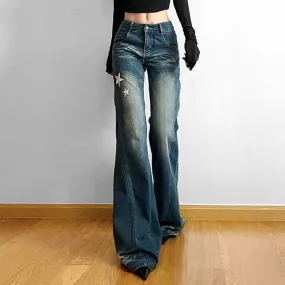 Korean Fashion Star Embroidery Flared Jeans Women Streetwear Star Embroidery Distressed Boot Cut Denim Trousers Pants