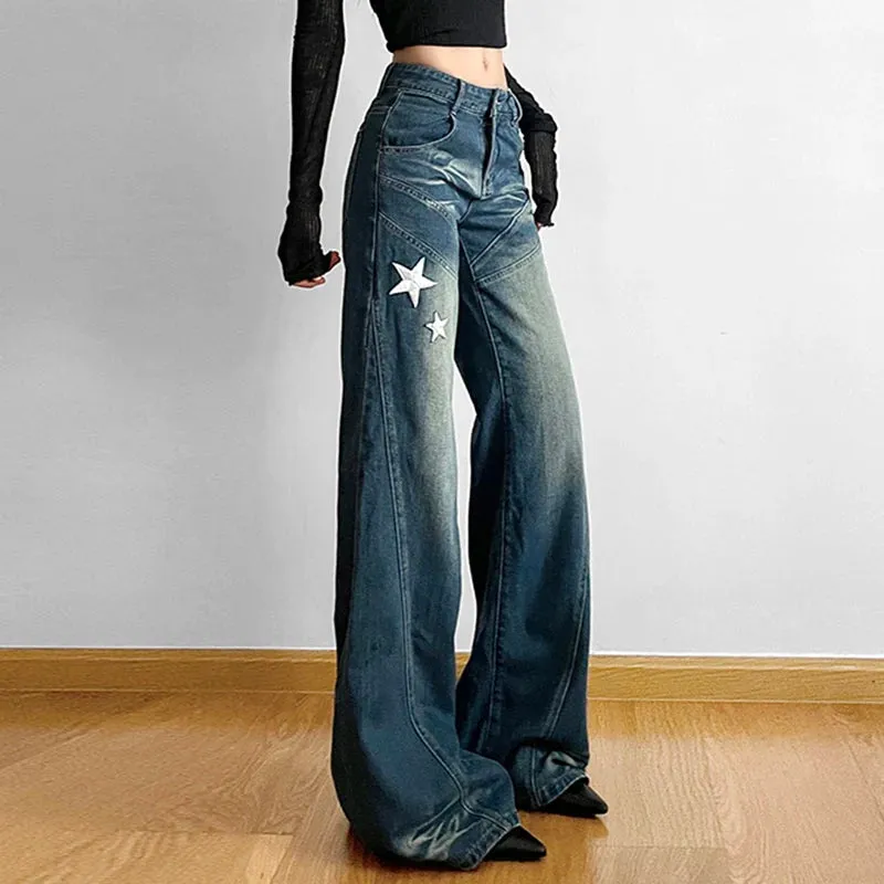 Korean Fashion Star Embroidery Flared Jeans Women Streetwear Star Embroidery Distressed Boot Cut Denim Trousers Pants