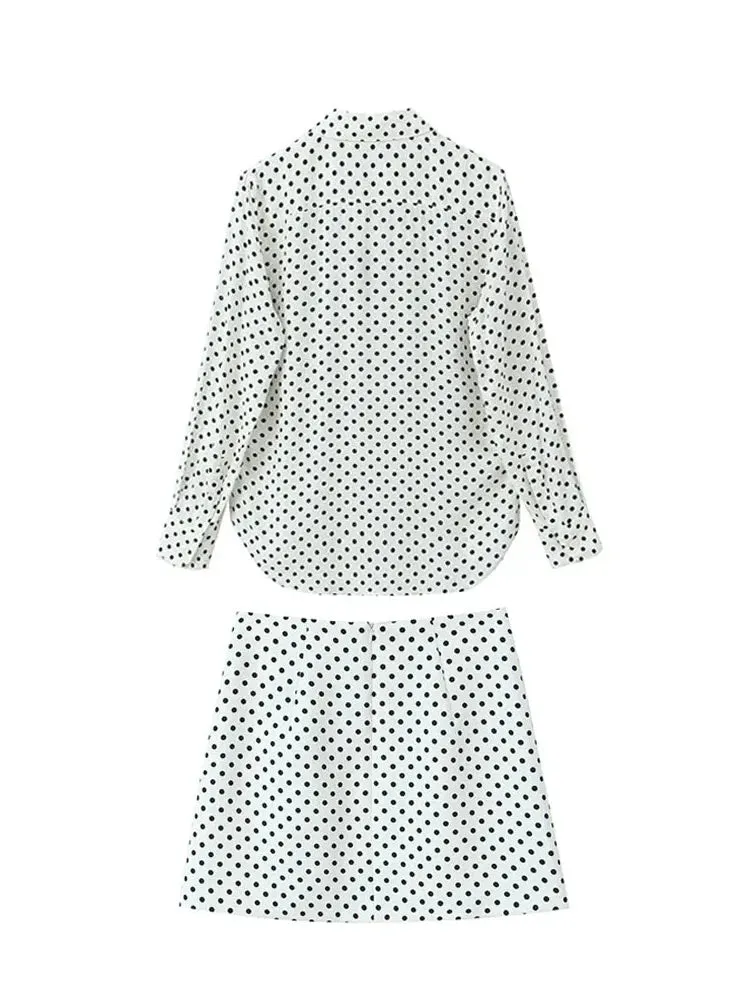 Kylethomasw   Elegant Women 2 Piece Set Dot Printed Single-Breasted Lapel Loose Shirt Top Fashion Blouse Female Mini Pencil Skirts