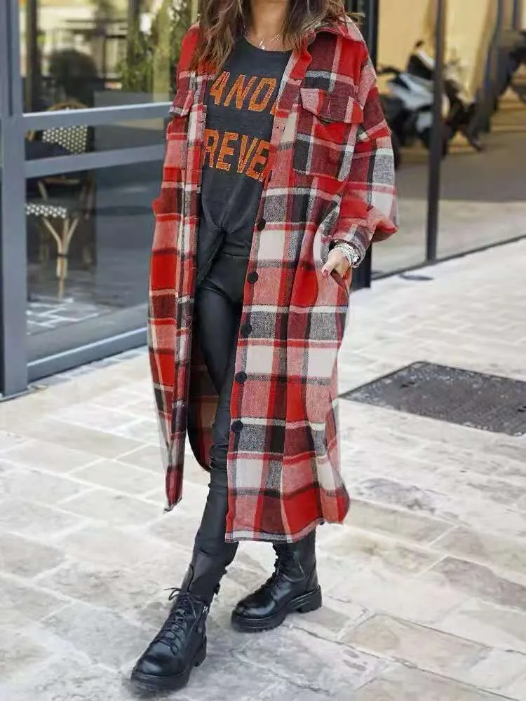 Ladies comfy plaid long sweater jacket