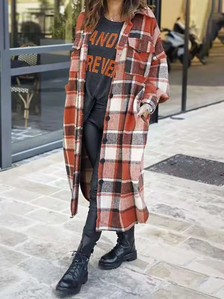 Ladies comfy plaid long sweater jacket