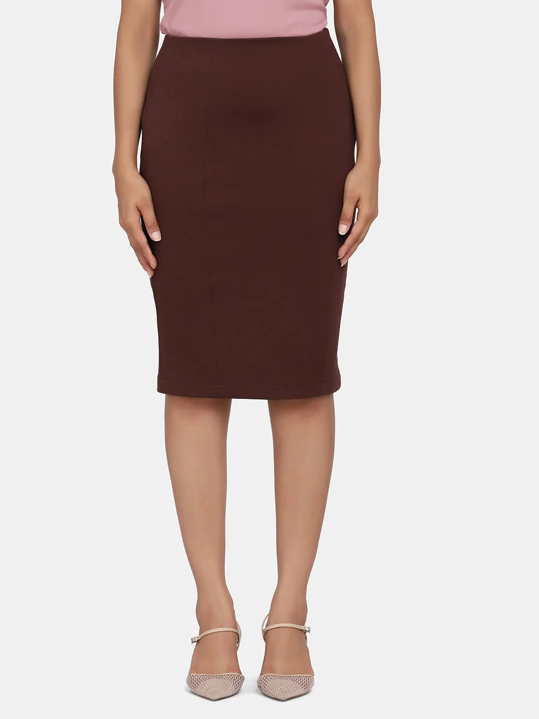 Ladies Stretch Pencil Skirt - Chocolate Brown