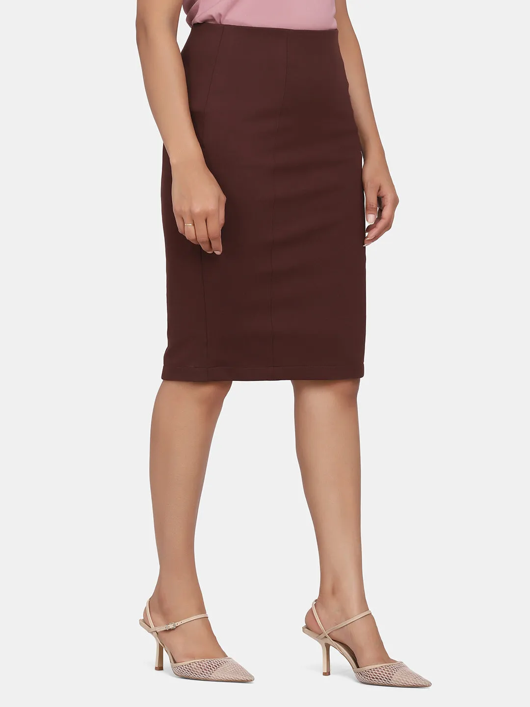 Ladies Stretch Pencil Skirt - Chocolate Brown