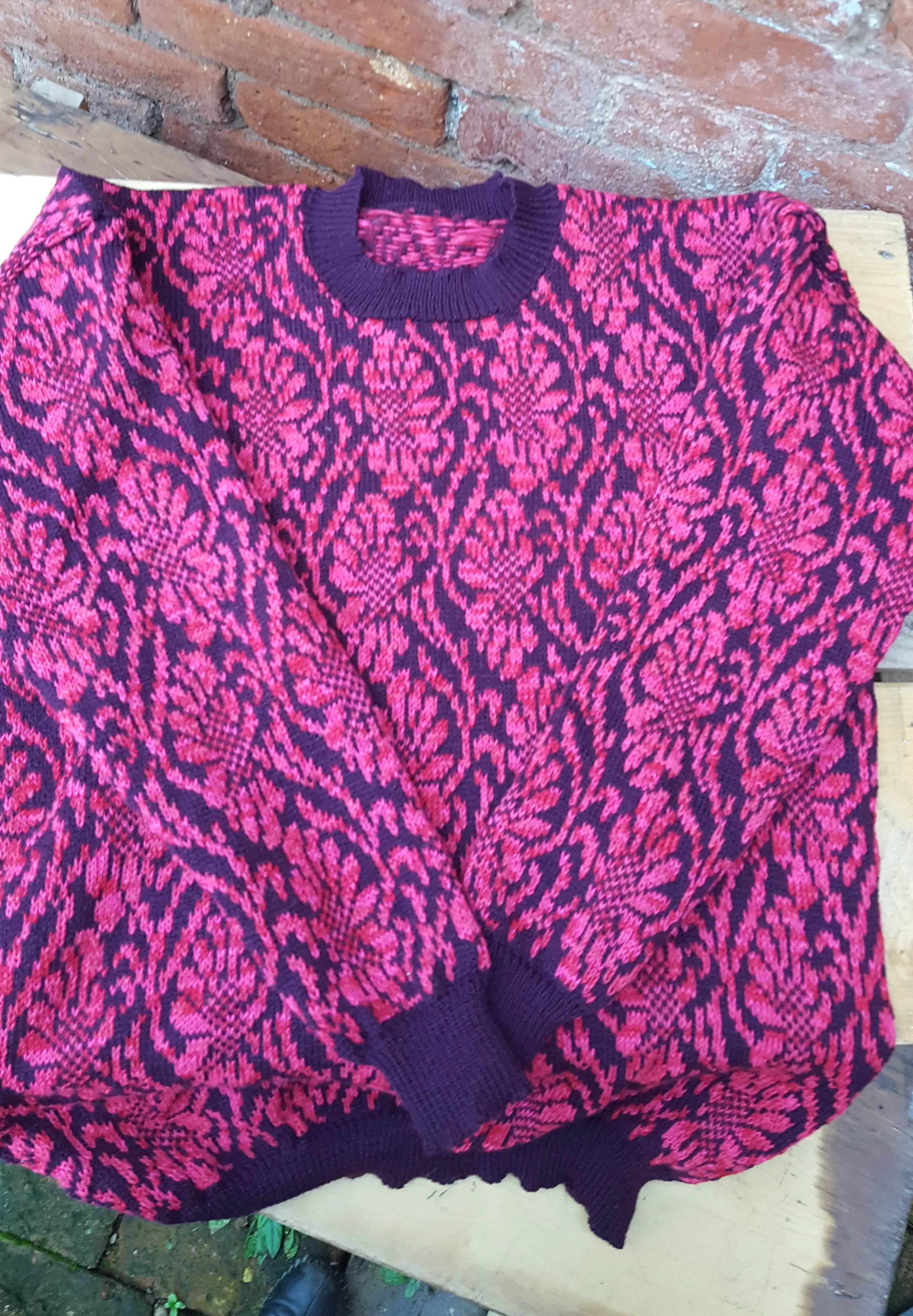 Ladies Tapestry design fair isle sweater " Tamsin" in plum & magenta