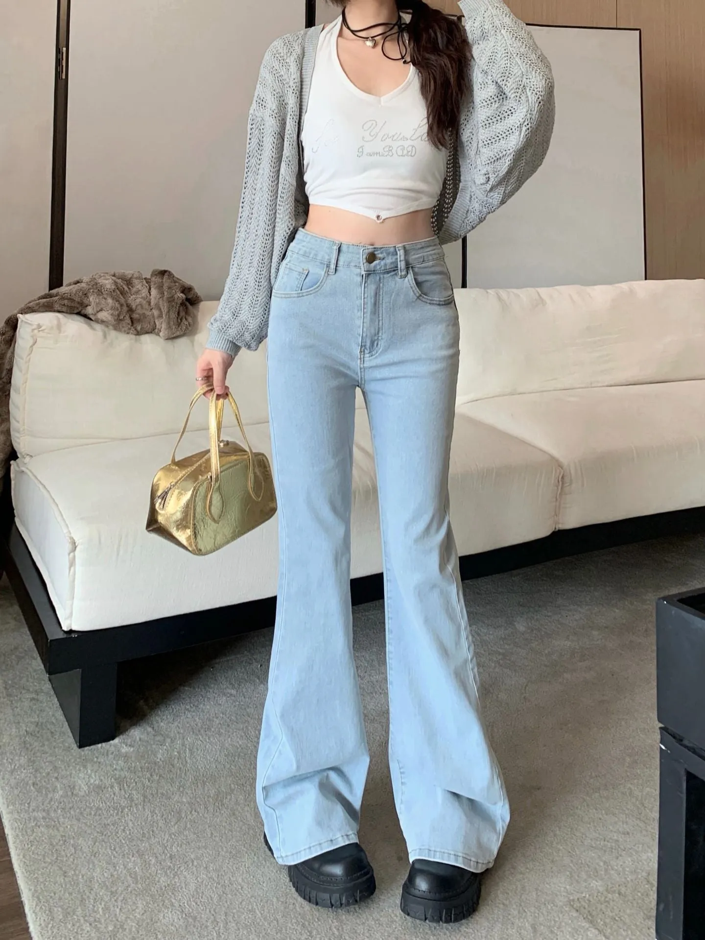 Lanfubeisi throwback thursday outfits spirit week Retro Washed Nostalgic Jeans Women's Autumn High Waist Slim Stretch Micro Flared Pants