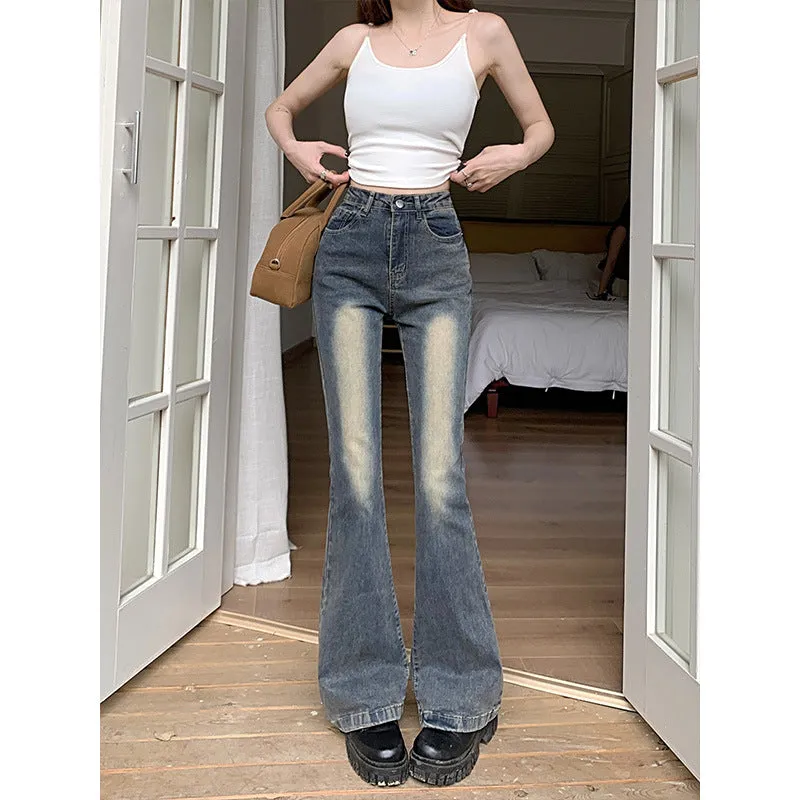 Lanfubeisi y2k outfits American Hot Girl Tight Slimming Flared Pants Summer New Retro Simple Chic Casual All-Match Jeans