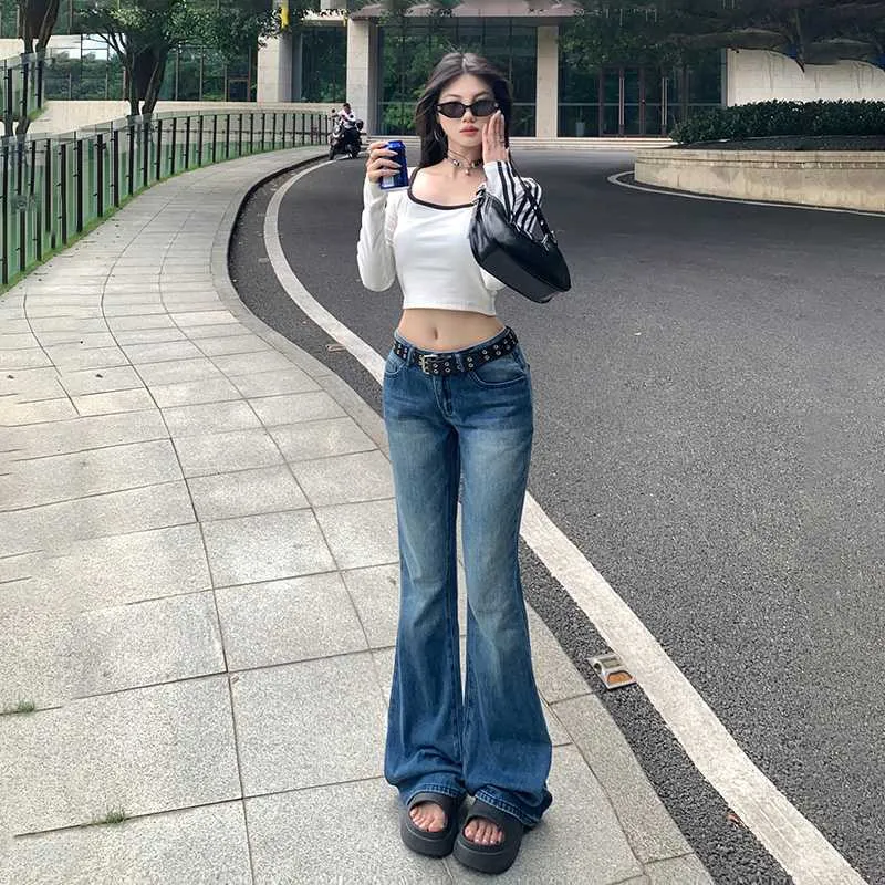 Lanfubeisi y2k outfits American Retro Low Waist Hot Girl Flared Pants Slimming Jeans Women's Early Autumn Trousers Lengthened