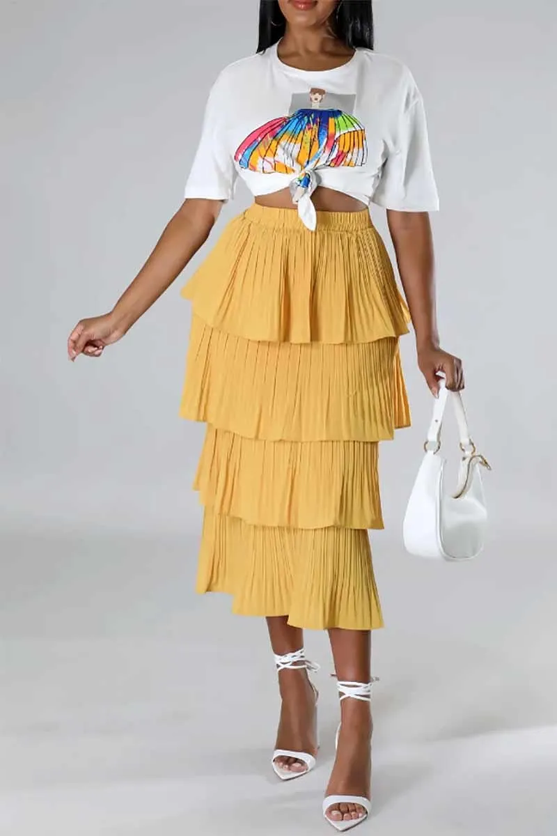 Layered Midi Skirt with Elastic Waistband