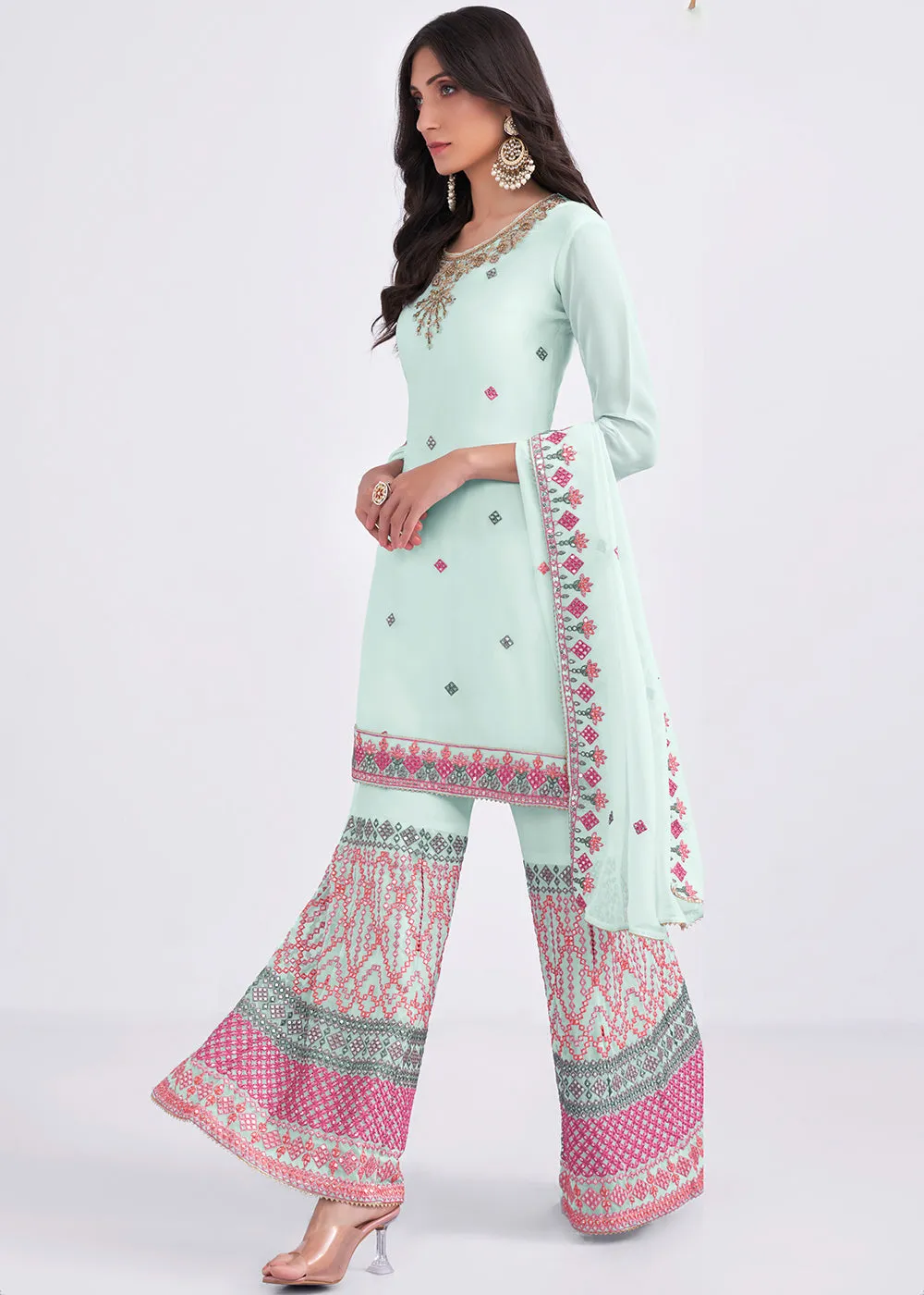 Light Blue Sequins & Multi Thread Work Designer Sharara Suit