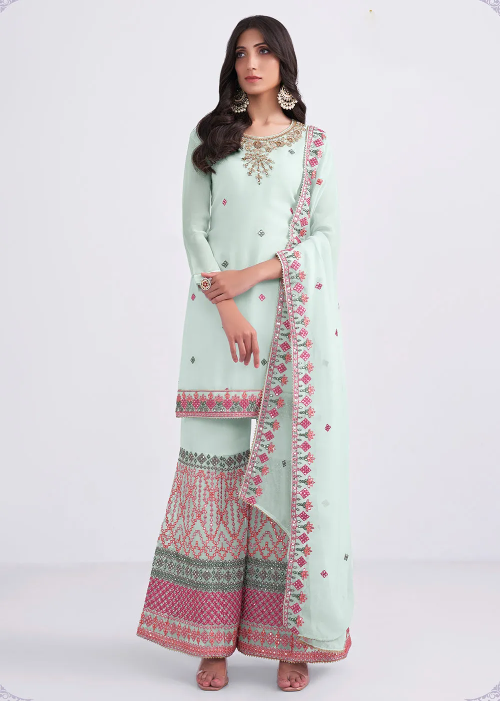 Light Blue Sequins & Multi Thread Work Designer Sharara Suit