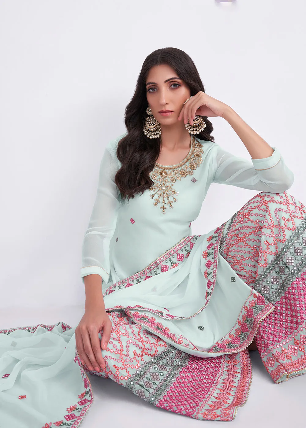 Light Blue Sequins & Multi Thread Work Designer Sharara Suit