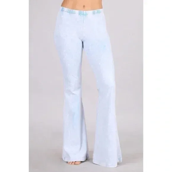 Light Powder Blue Boho Mineral Wash Flared Bell Bottom Stretch Pull On Pants Womens