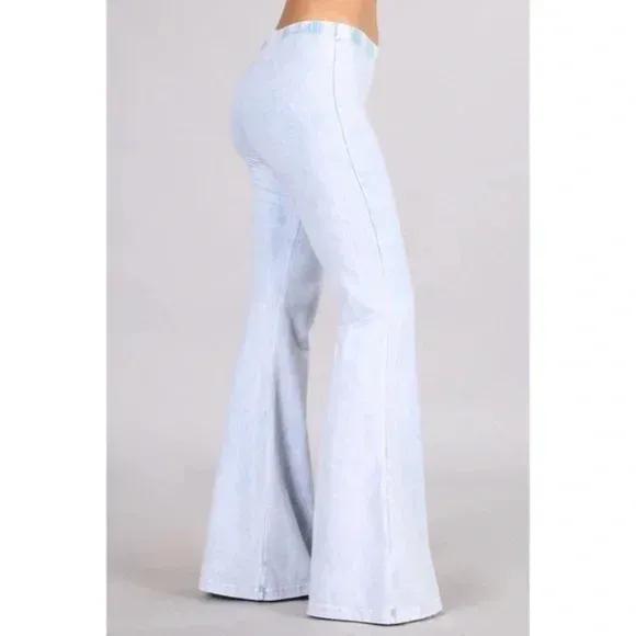 Light Powder Blue Boho Mineral Wash Flared Bell Bottom Stretch Pull On Pants Womens