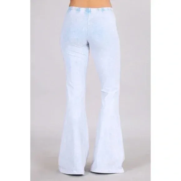 Light Powder Blue Boho Mineral Wash Flared Bell Bottom Stretch Pull On Pants Womens