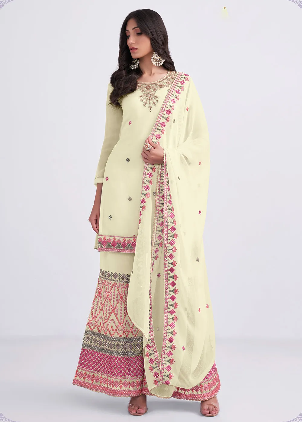 Light Yellow Sequins & Multi Thread Work Designer Sharara Suit