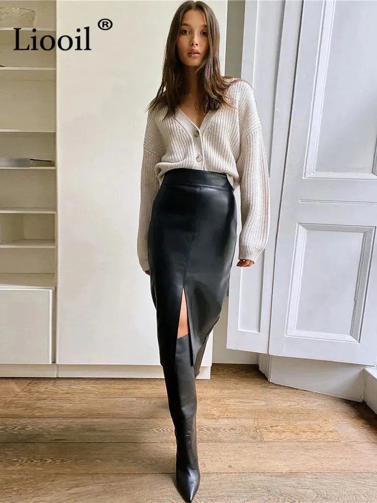 Liooil Women Faux Leather Slit Pencil Office Skirt Autumn New Spring Streetwear High Waist Black Brown Sexy Bodycon Midi Skirts