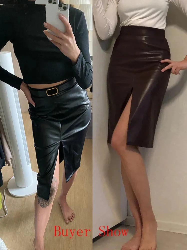 Liooil Women Faux Leather Slit Pencil Office Skirt Autumn New Spring Streetwear High Waist Black Brown Sexy Bodycon Midi Skirts