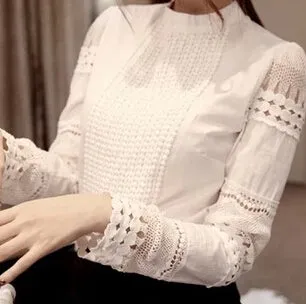 lollas S-5XL New Fashion Spring Autumn Women White Lace blouses Cutout Long-sleeve Shirt OL Work Wear Women Blouse Tops