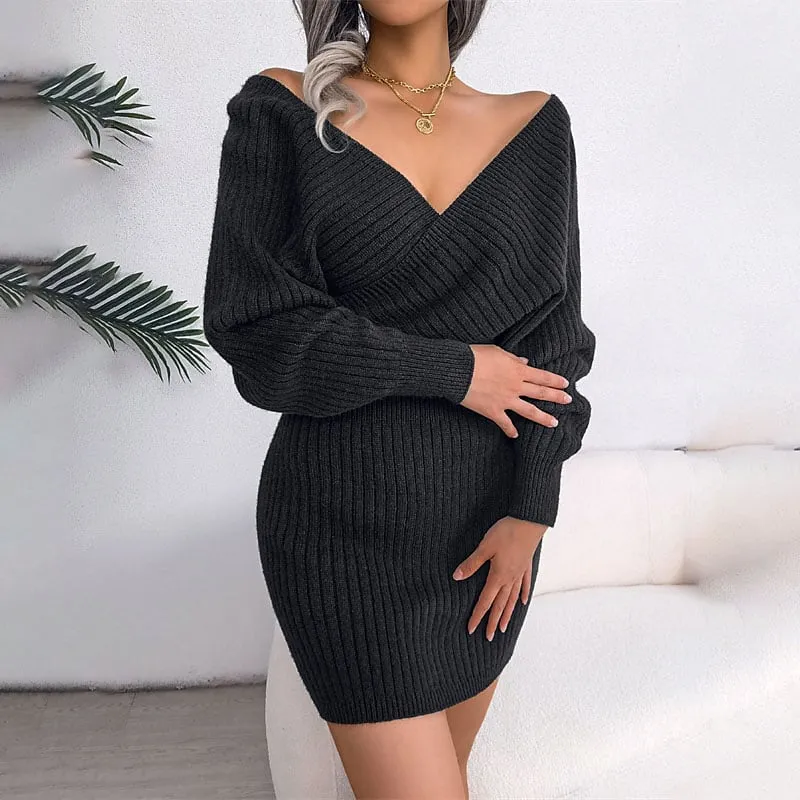 Long Sleeve Knitted Wrap Mini Dress