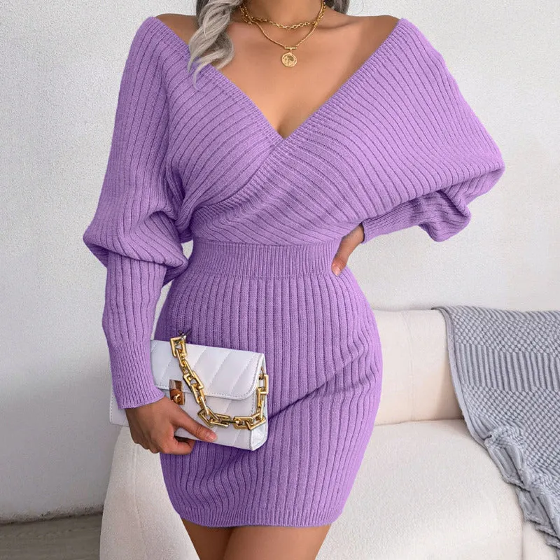 Long Sleeve Knitted Wrap Mini Dress