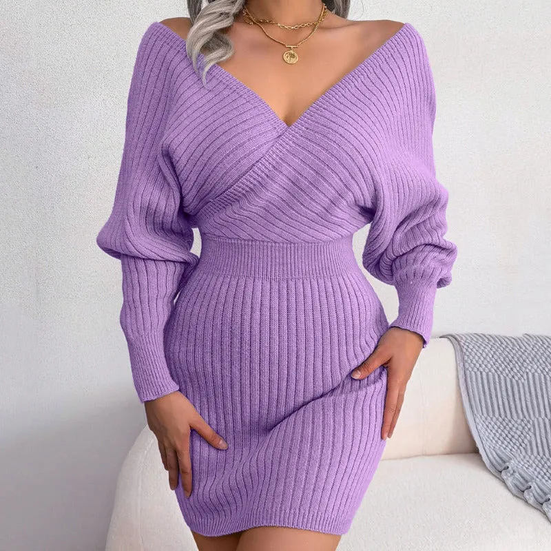 Long Sleeve Knitted Wrap Mini Dress