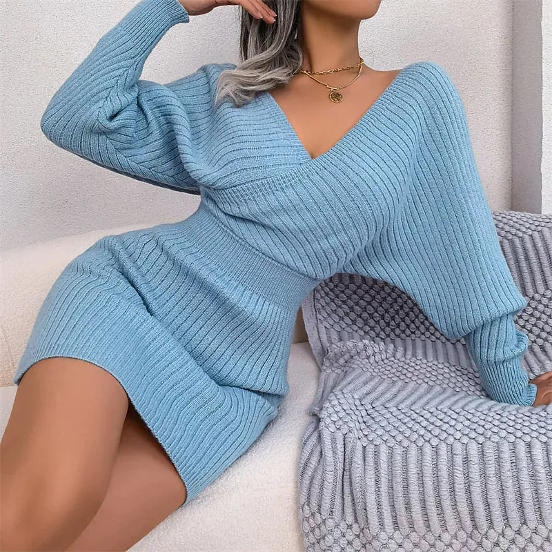 Long Sleeve Knitted Wrap Mini Dress