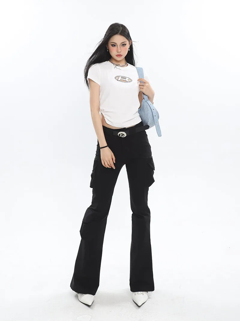 Lorielle Solid Color Black Slim Skinny Multi-Pocket Micro Flared Pants