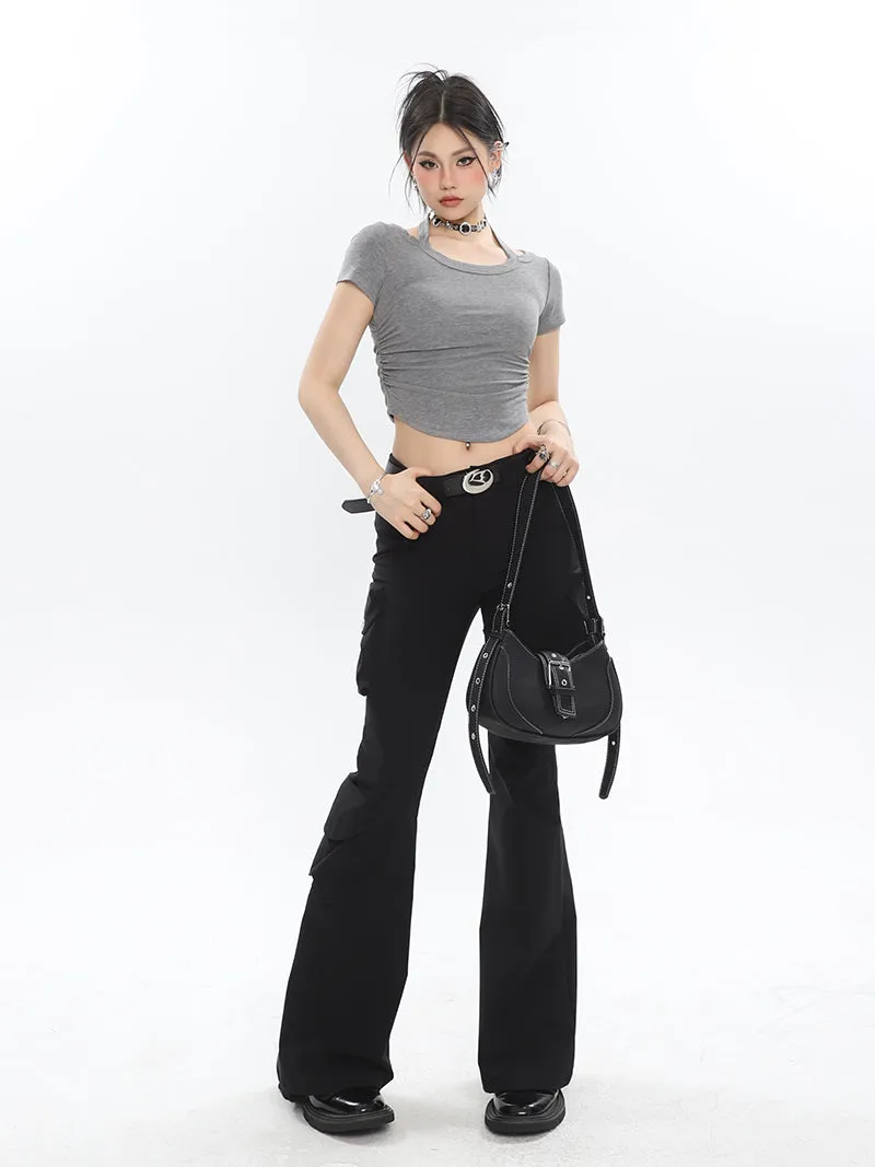 Lorielle Solid Color Black Slim Skinny Multi-Pocket Micro Flared Pants