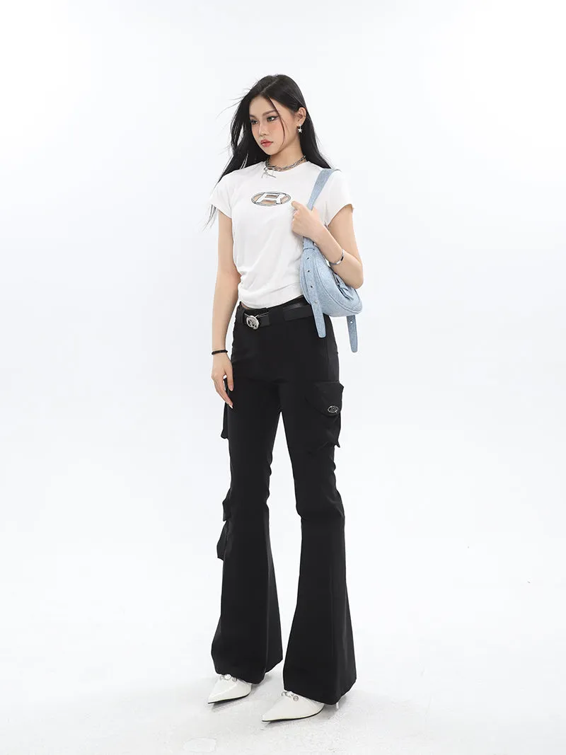 Lorielle Solid Color Black Slim Skinny Multi-Pocket Micro Flared Pants