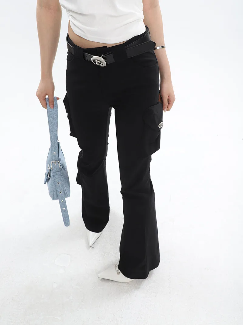 Lorielle Solid Color Black Slim Skinny Multi-Pocket Micro Flared Pants