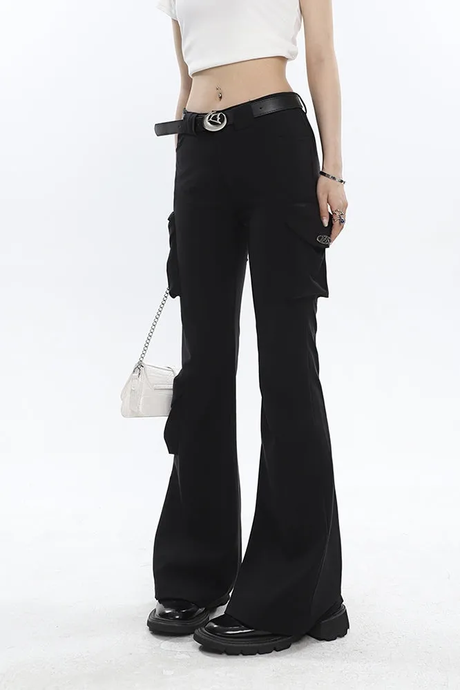 Lorielle Solid Color Black Slim Skinny Multi-Pocket Micro Flared Pants