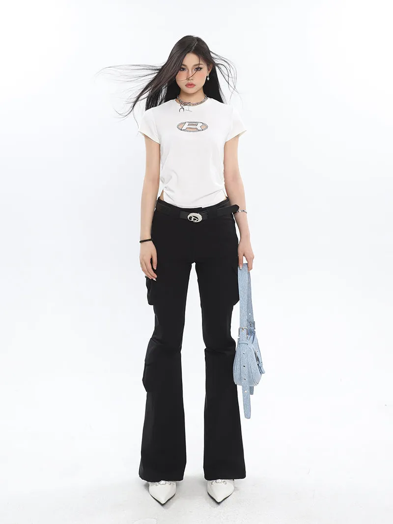 Lorielle Solid Color Black Slim Skinny Multi-Pocket Micro Flared Pants