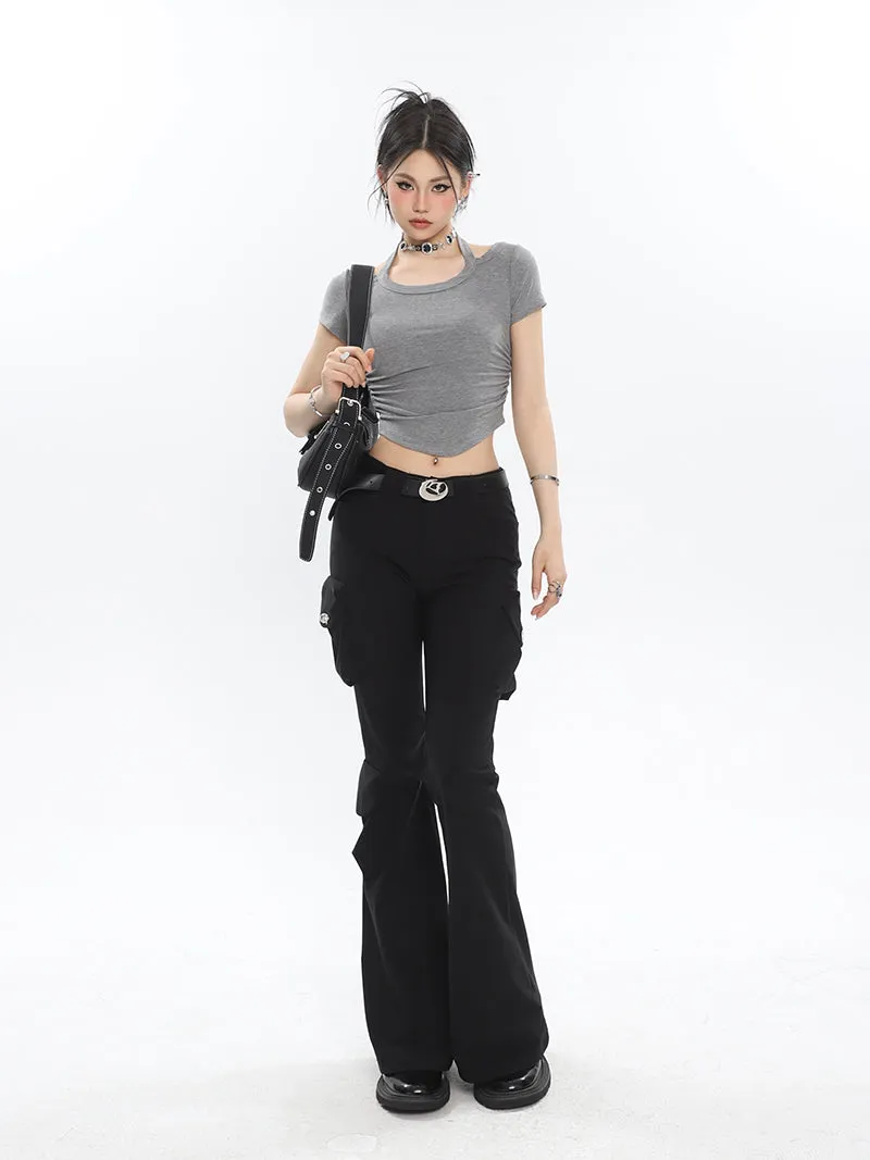 Lorielle Solid Color Black Slim Skinny Multi-Pocket Micro Flared Pants