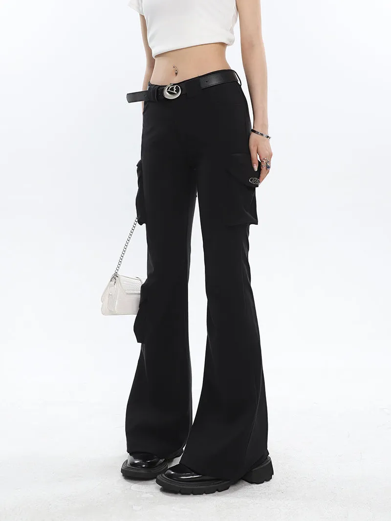 Lorielle Solid Color Black Slim Skinny Multi-Pocket Micro Flared Pants