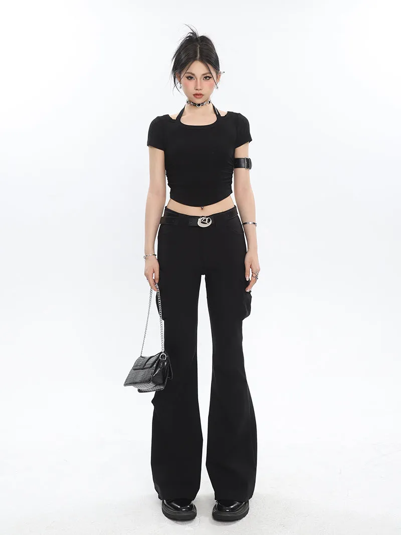 Lorielle Solid Color Black Slim Skinny Multi-Pocket Micro Flared Pants