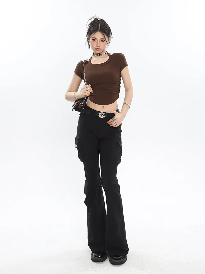 Lorielle Solid Color Black Slim Skinny Multi-Pocket Micro Flared Pants