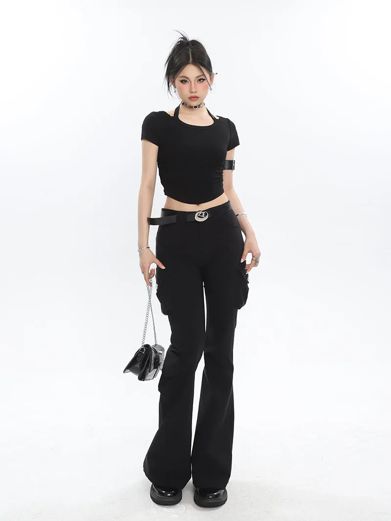 Lorielle Solid Color Black Slim Skinny Multi-Pocket Micro Flared Pants