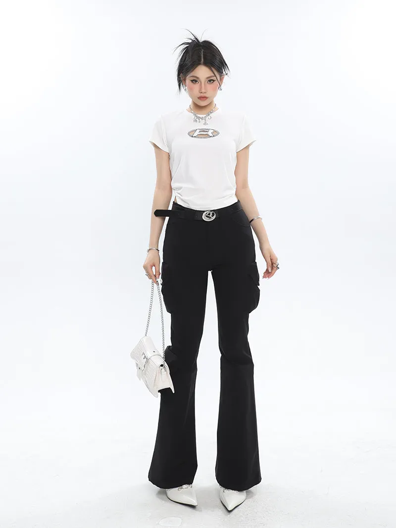 Lorielle Solid Color Black Slim Skinny Multi-Pocket Micro Flared Pants